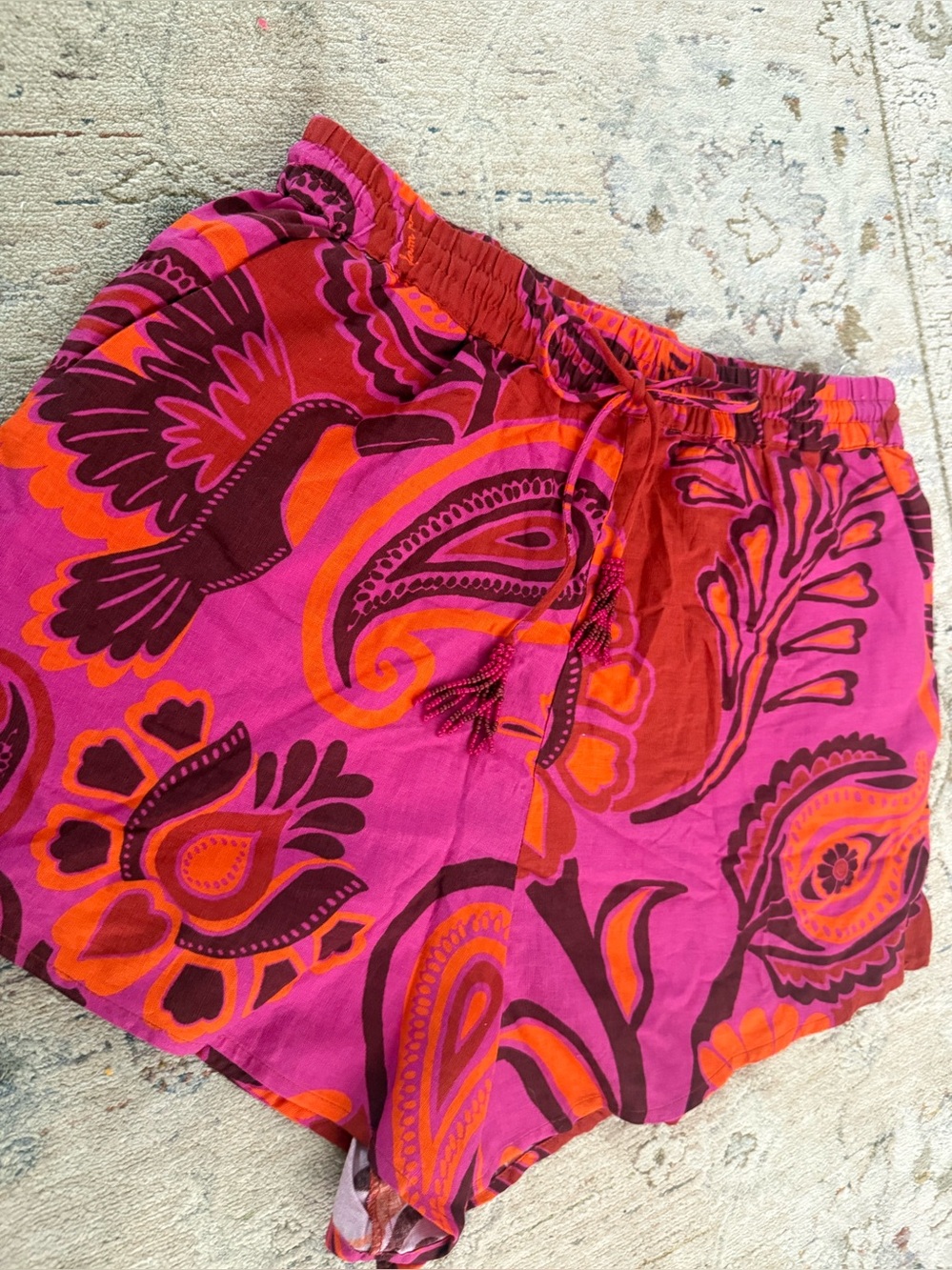 Farm Rio Women’s Pink & Orange tropical Printed Drawstring Shorts with pockets - Picture 3 of 7